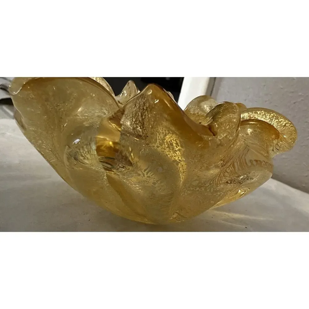 Vintage Murano Glass Aventurine Gold Flecks Ruffled Bowl Ashtray Candy Dish MCM